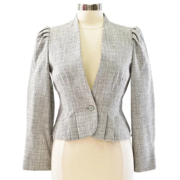 70s Vintage Gray Peplum Blazer Womens S Mod Windowpane Plaid Puff Sleeve Jacket - Picture 1 of 6